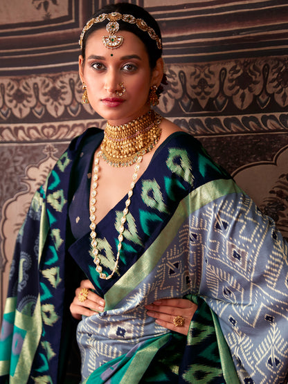 Women's Tussar Silk Grey Printed Designer Saree With Blouse Piece