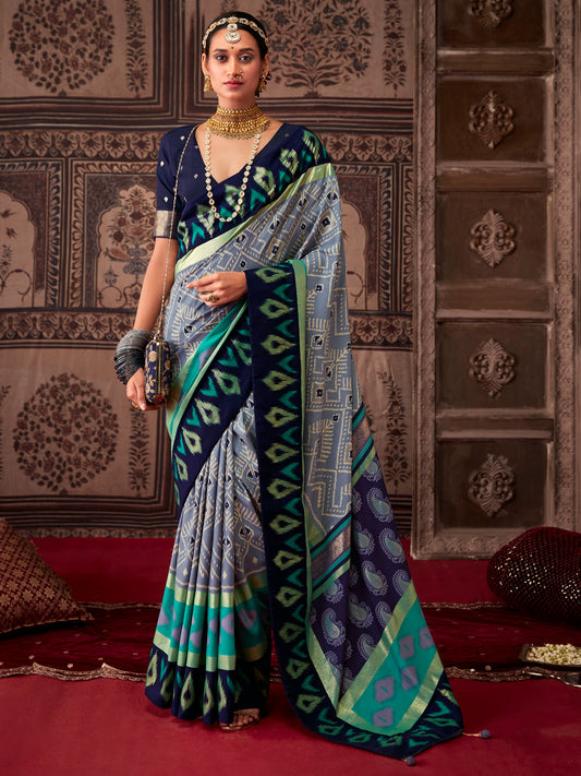 Women's Tussar Silk Grey Printed Designer Saree With Blouse Piece