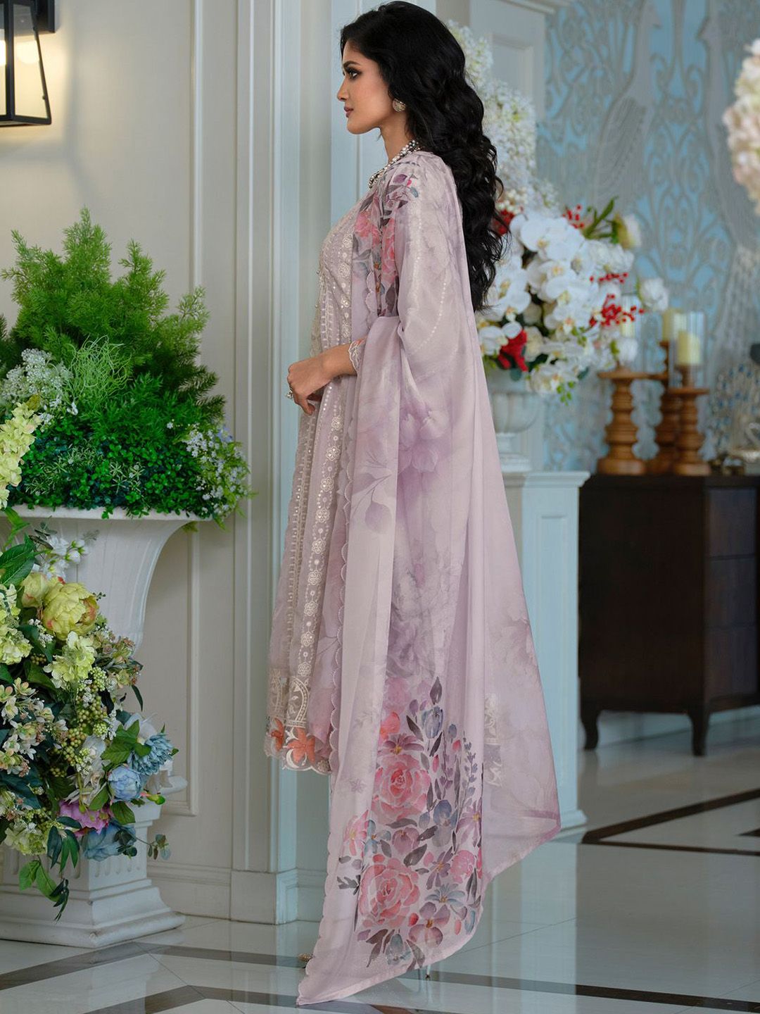 Adults-Women Woven Design Embroidered Anarkali Kurta with Trousers & Dupatta