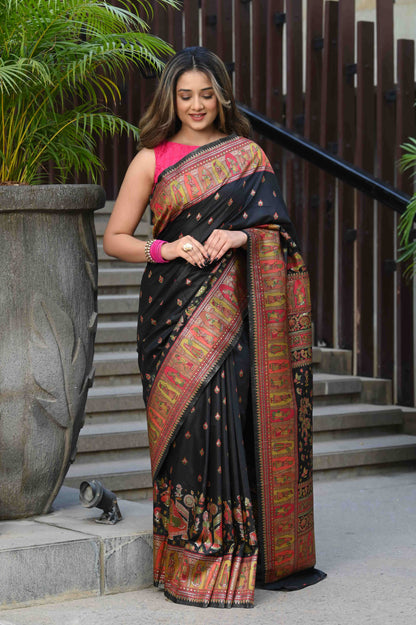 Dhiyona GR Women's Alankar Intense Black Jamewar Kashmiri Soft Modal Silk Saree