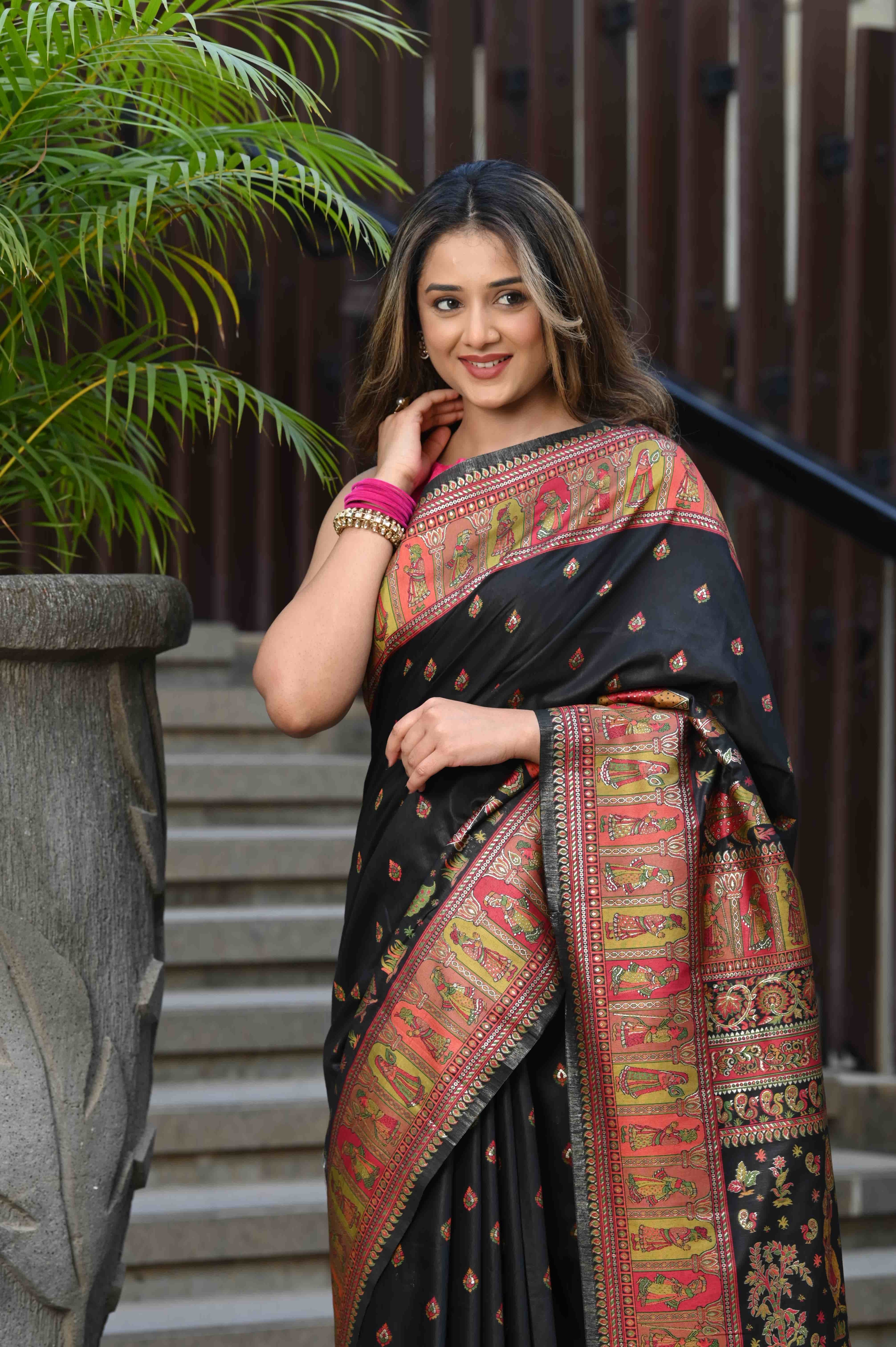 Dhiyona GR Women's Alankar Intense Black Jamewar Kashmiri Soft Modal Silk Saree