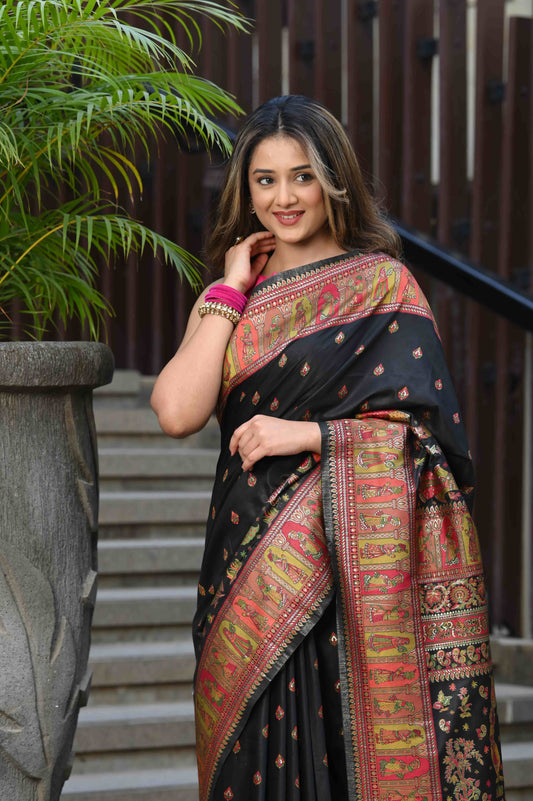 Dhiyona GR Women's Alankar Intense Black Jamewar Kashmiri Soft Modal Silk Saree