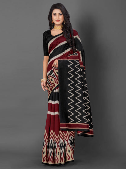 Women's Bhagalpuri Silk Black Printed Designer Saree With Blouse Piece