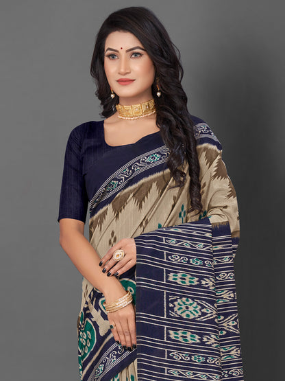 Women's Bhagalpuri Silk Beige Printed Designer Saree With Blouse Piece