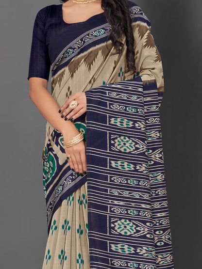 Women's Bhagalpuri Silk Beige Printed Designer Saree With Blouse Piece