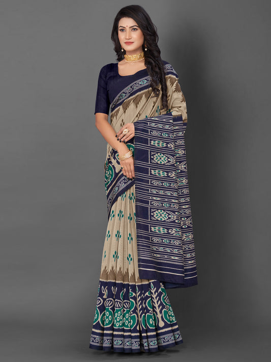 Women's Bhagalpuri Silk Beige Printed Designer Saree With Blouse Piece