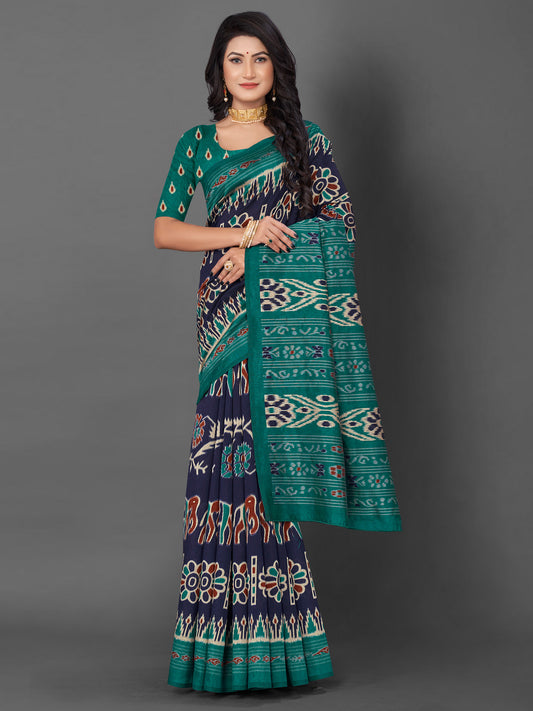 Women's Bhagalpuri Silk Navy Blue Printed Designer Saree With Blouse Piece