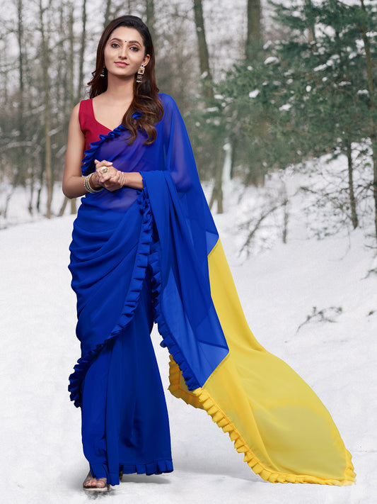 Women's Georgette Blue Embellished Celebrity Saree With Blouse Piece