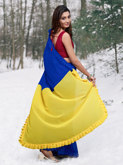 Women's Georgette Blue Embellished Celebrity Saree With Blouse Piece