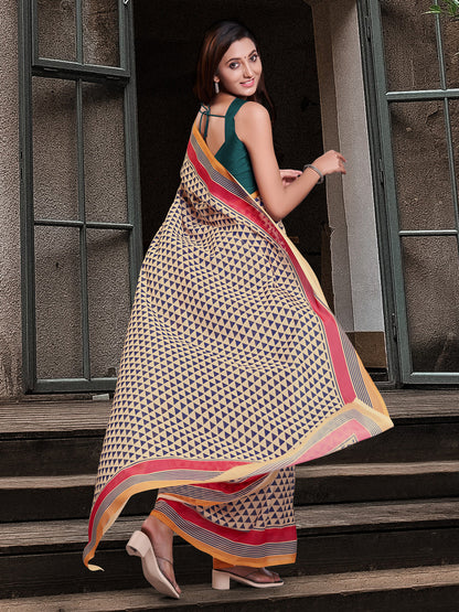 Women's Cotton Blend Cream Printed Celebrity Saree With Blouse Piece