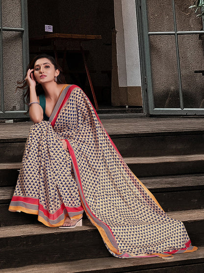 Women's Cotton Blend Cream Printed Celebrity Saree With Blouse Piece