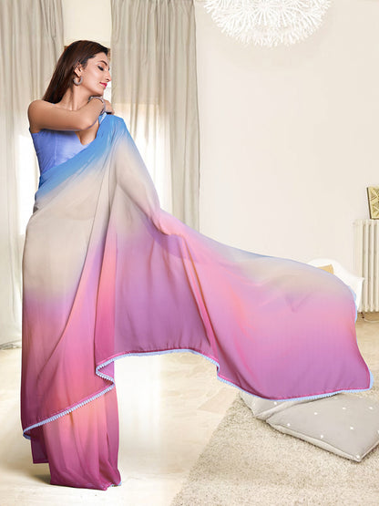 Women's Pure Chiffon Pink Embellished Celebrity Saree With Blouse Piece