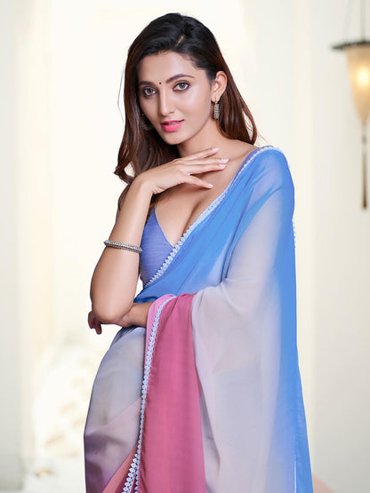 Women's Pure Chiffon Pink Embellished Celebrity Saree With Blouse Piece