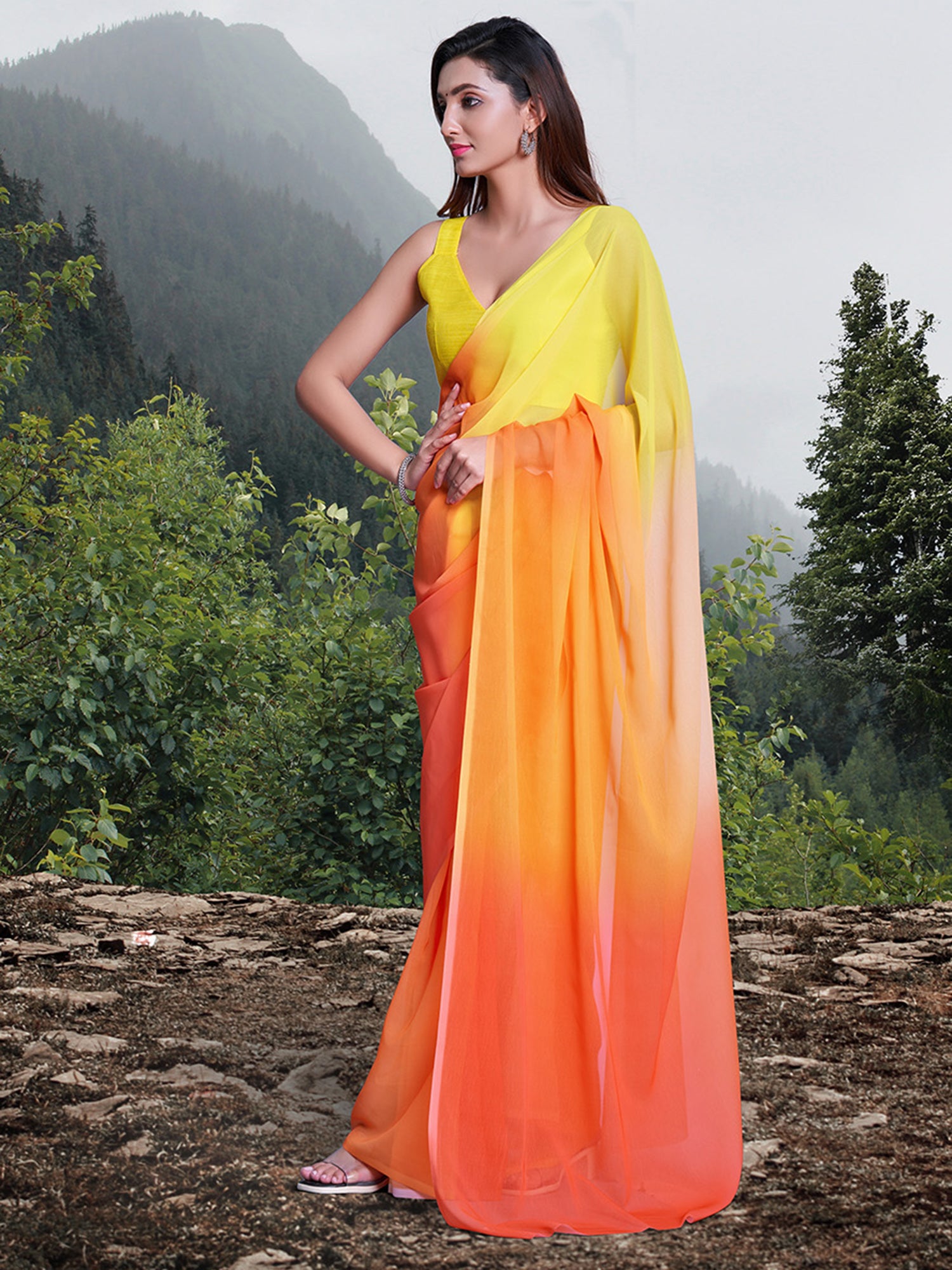 Women's Organza Yellow Solid Celebrity Saree With Blouse Piece