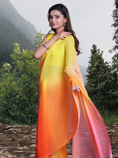 Women's Organza Yellow Solid Celebrity Saree With Blouse Piece
