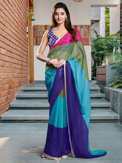 Women's Organza Multicolored Solid Celebrity Saree With Blouse Piece