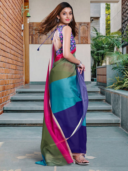 Women's Organza Multicolored Solid Celebrity Saree With Blouse Piece