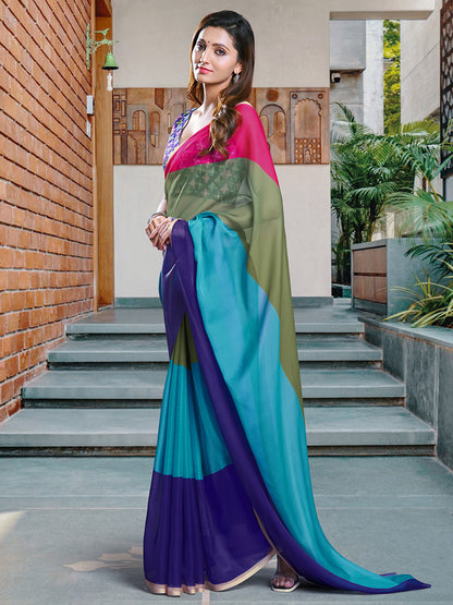 Women's Organza Multicolored Solid Celebrity Saree With Blouse Piece