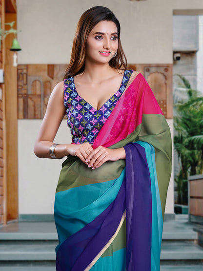 Women's Organza Multicolored Solid Celebrity Saree With Blouse Piece