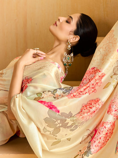 Women's Tussar Silk Cream Woven Design Designer Saree With Blouse Piece