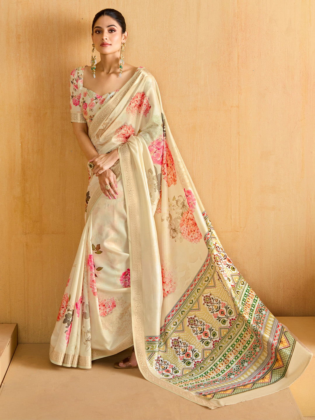 Women's Tussar Silk Cream Woven Design Designer Saree With Blouse Piece
