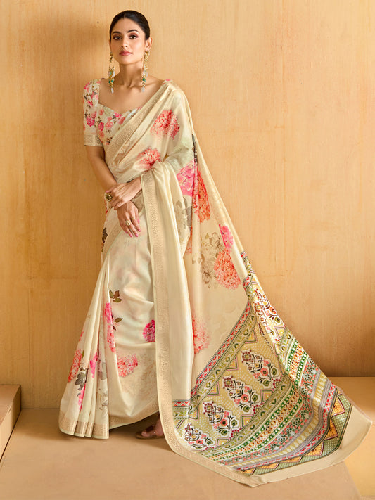 Women's Tussar Silk Cream Woven Design Designer Saree With Blouse Piece