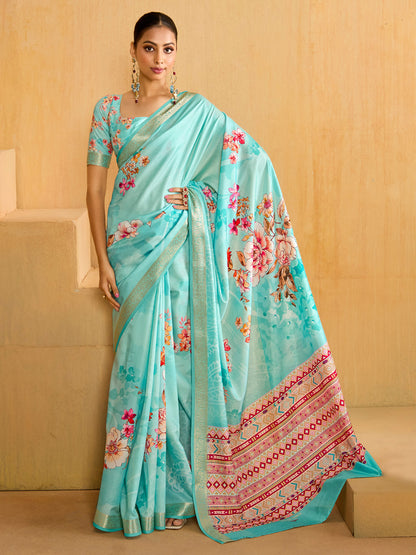 Women's Tussar Silk Light Blue Woven Design Designer Saree With Blouse Piece