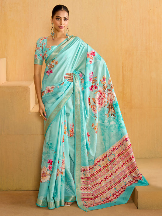 Women's Tussar Silk Light Blue Woven Design Designer Saree With Blouse Piece