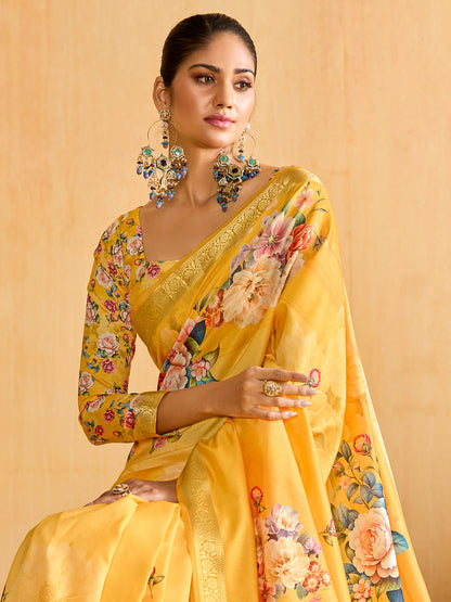 Women's Tussar Silk Yellow Woven Design Designer Saree With Blouse Piece