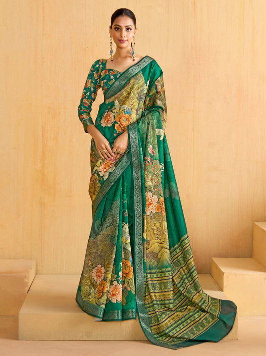 Women's Tussar Silk Teal green Woven Design Designer Saree With Blouse Piece