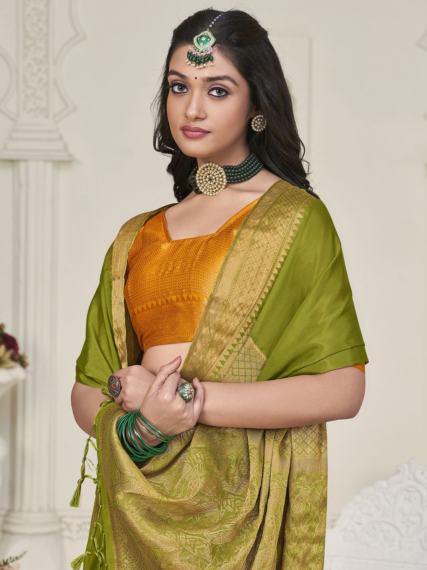 Women's Silk Blend Olive Woven Design Designer Saree With Blouse Piece