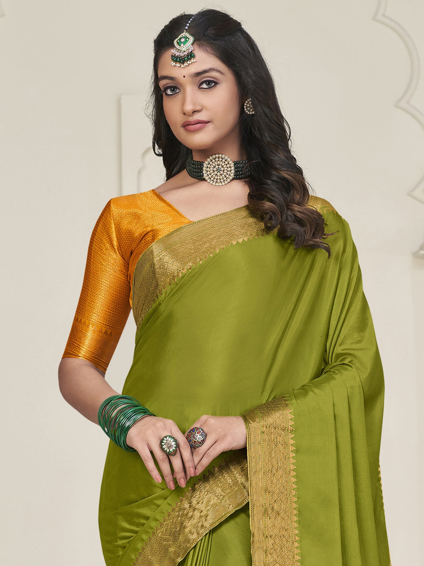 Women's Silk Blend Olive Woven Design Designer Saree With Blouse Piece