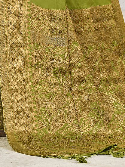 Women's Silk Blend Olive Woven Design Designer Saree With Blouse Piece