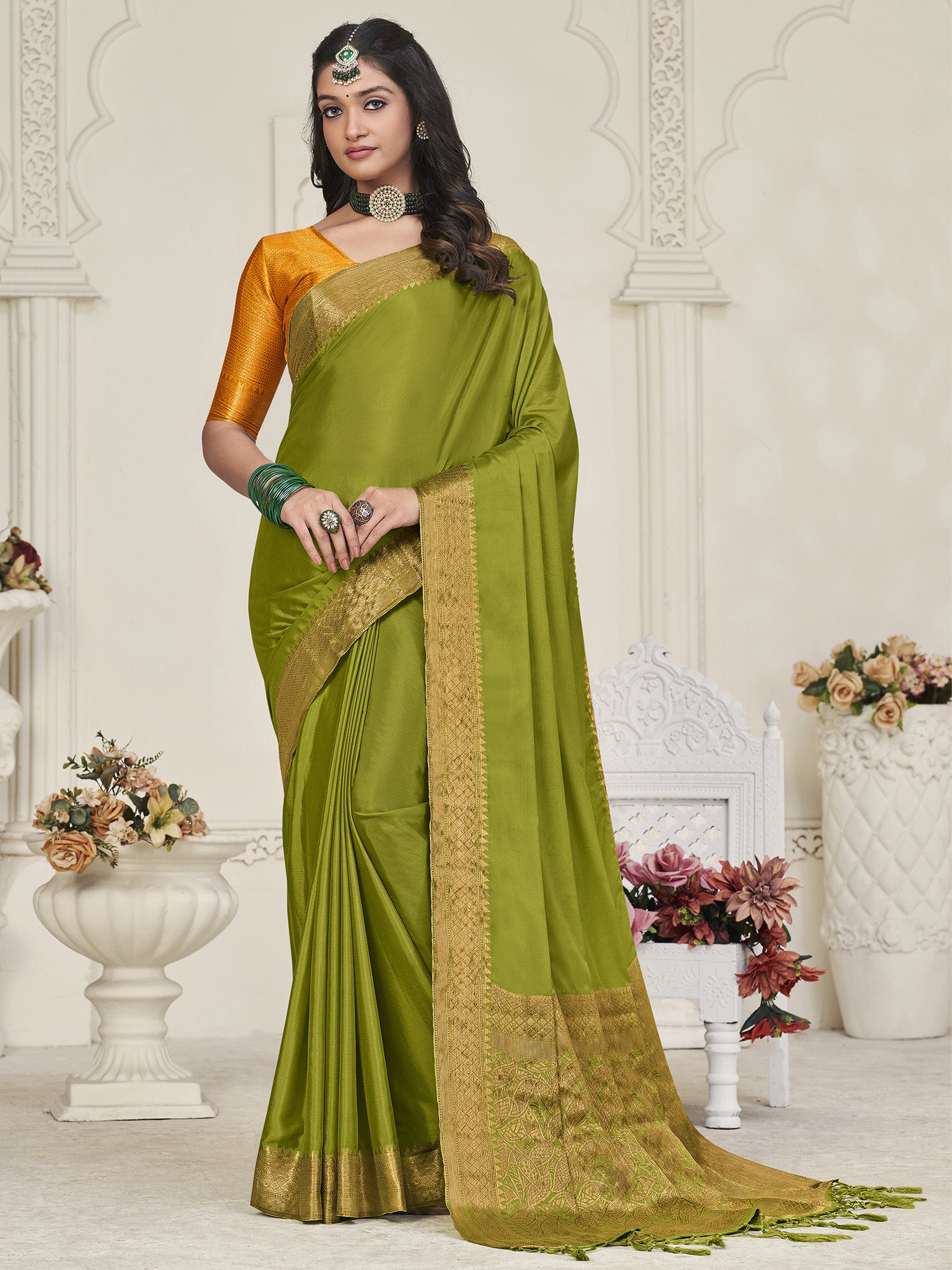 Women's Silk Blend Olive Woven Design Designer Saree With Blouse Piece