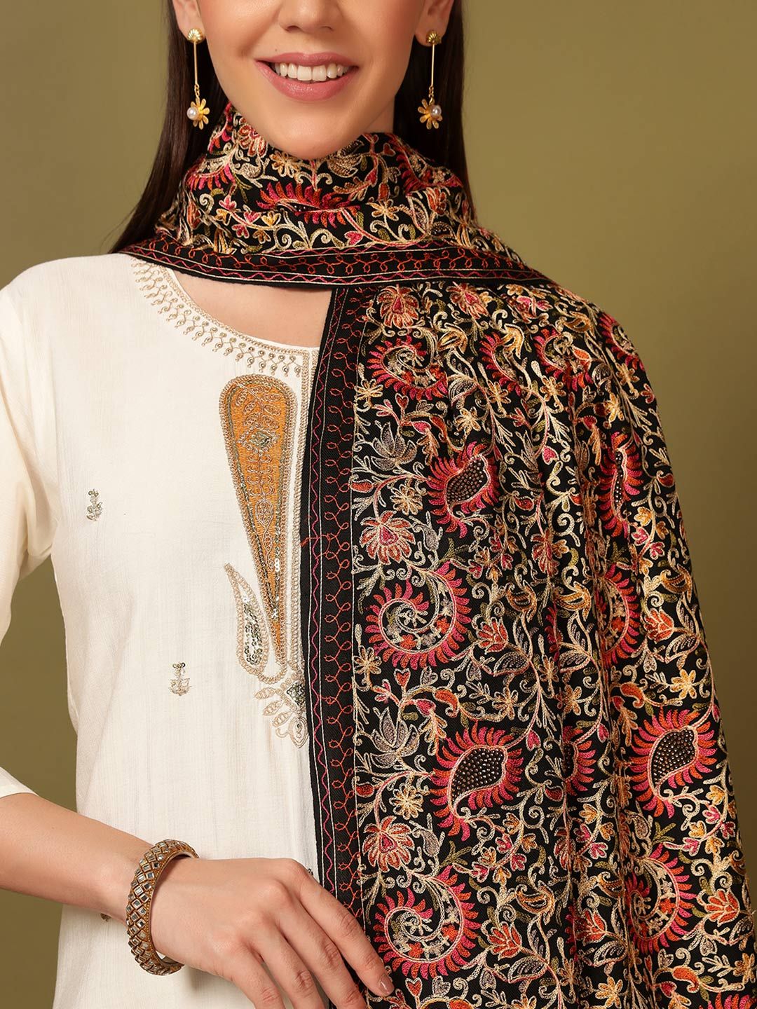 Dhiyona PA Paisley Embroidered Ruhani Woolen Nalki Shawl