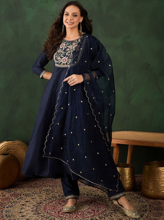 Dhiyona SN Women's Navy Blue Floral Yoke Design Sequinned A-Line Kurta With Trouser & Dupatta