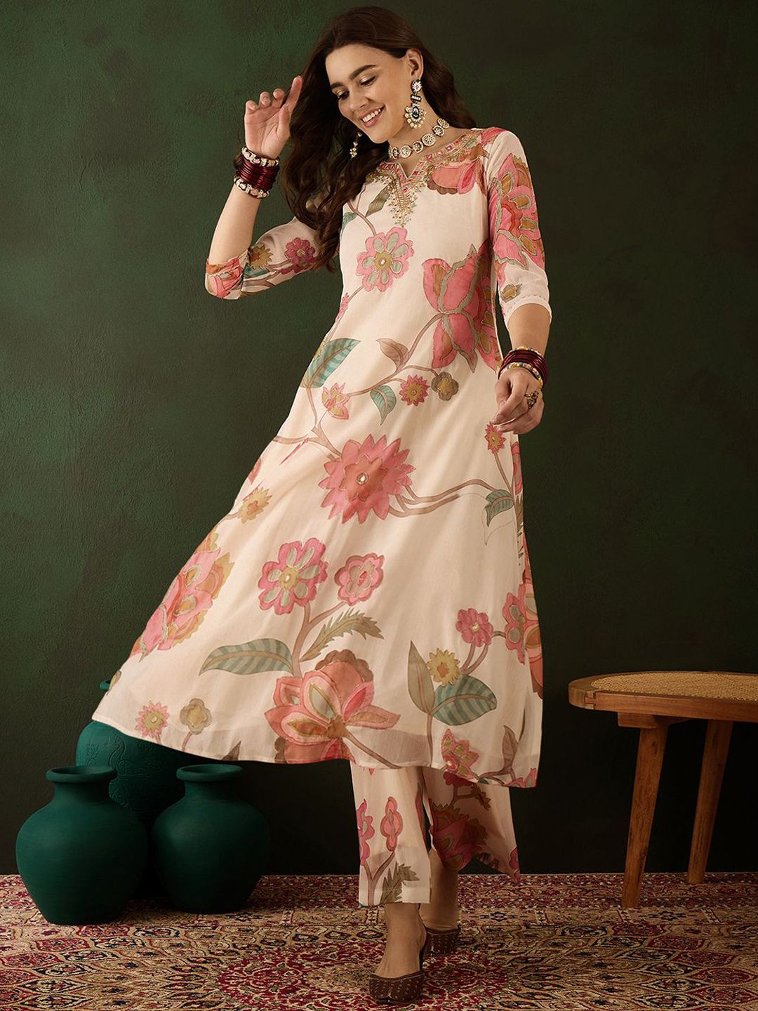 Dhiyona SN Women's Floral Embroidered Mirror Work Kurta with Palazzos