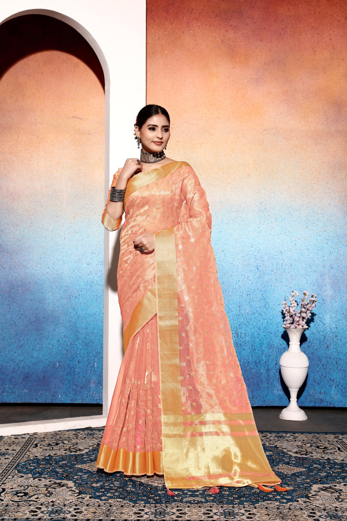 Dhiyona GR Women's Amani Peach Tissue Cotton Silk Embroidered Saree