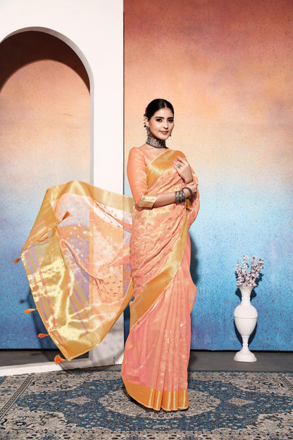 Dhiyona GR Women's Amani Peach Tissue Cotton Silk Embroidered Saree