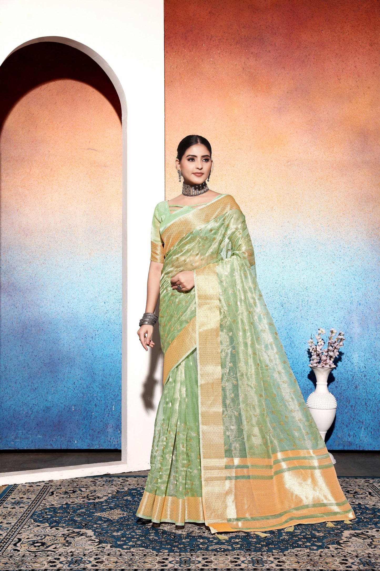 Dhiyona GR Women's Amani Green Tissue Cotton Silk Embroidered Saree