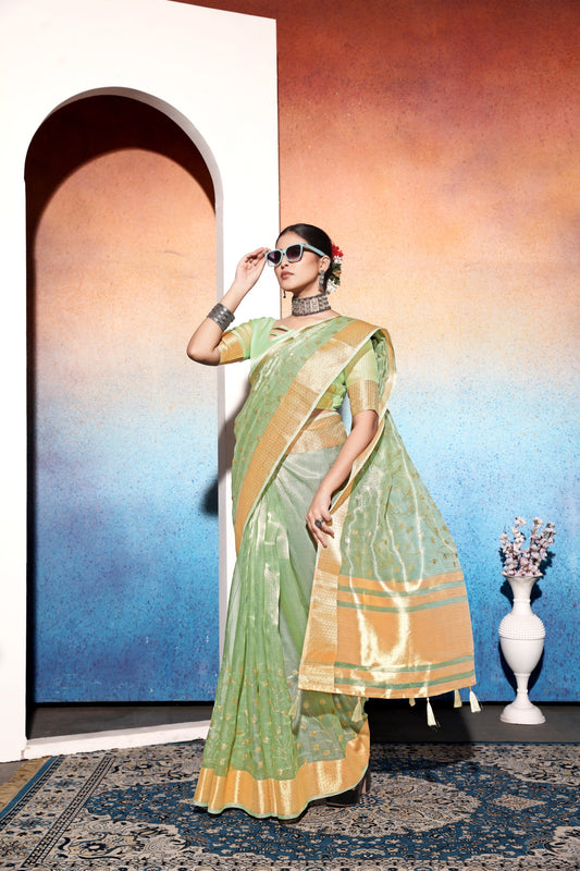 Dhiyona GR Women's Amani Green Tissue Cotton Silk Embroidered Saree