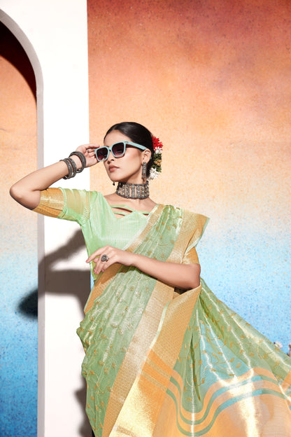 Dhiyona GR Women's Amani Green Tissue Cotton Silk Embroidered Saree