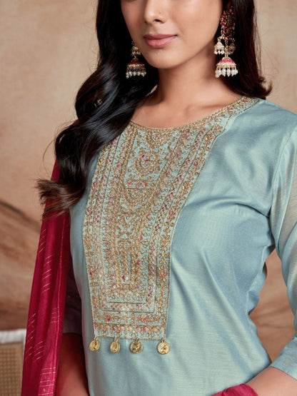 Dhiyona SN Women's Floral Embroidered Sequinned Chanderi Silk Straight Kurta & Palazzo With Dupatta