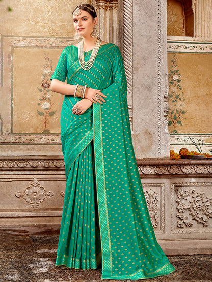 Women's Vichitra Silk Sea Green Embellished Designer Saree With Blouse Piece