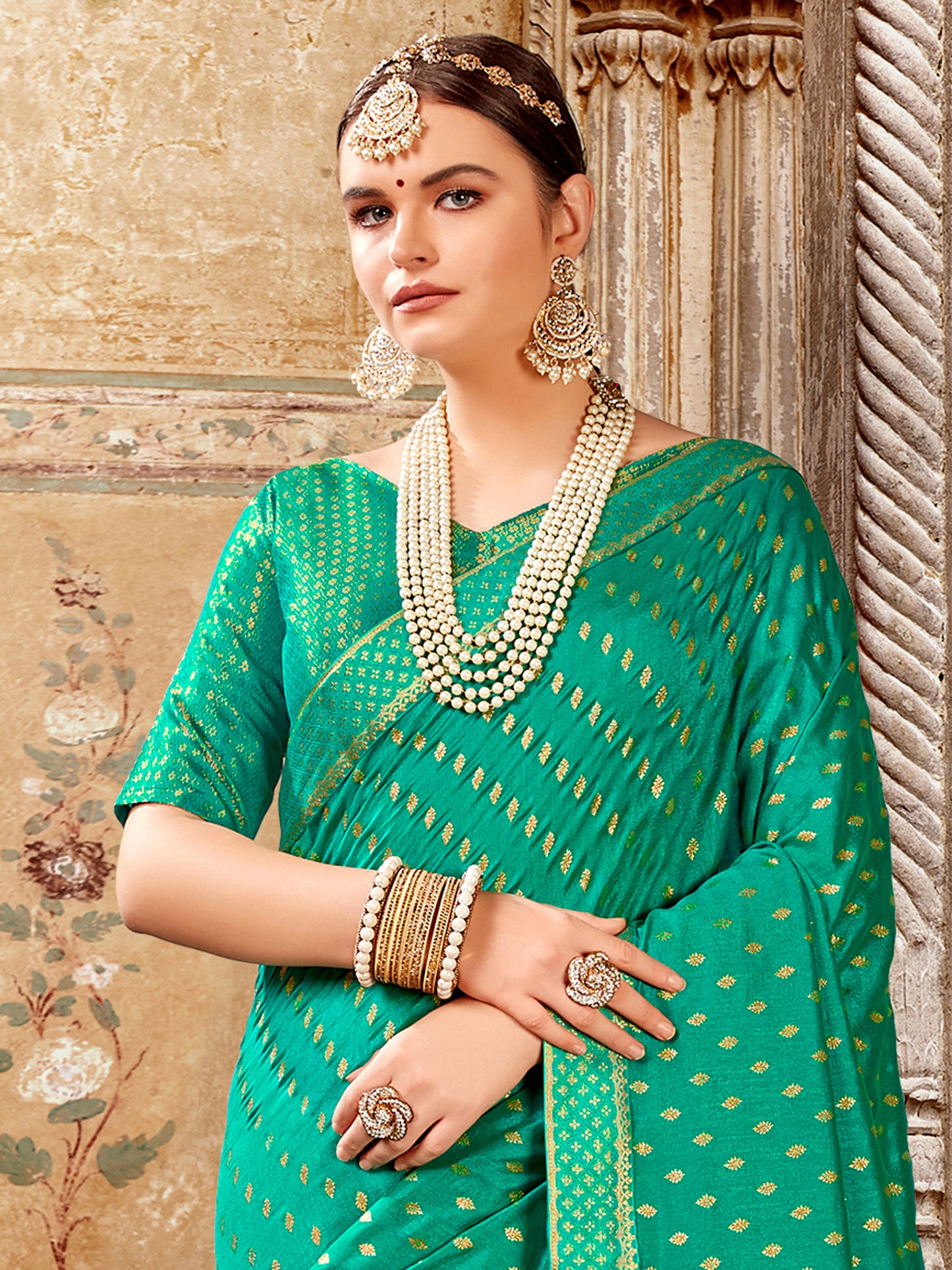 Women's Vichitra Silk Sea Green Embellished Designer Saree With Blouse Piece