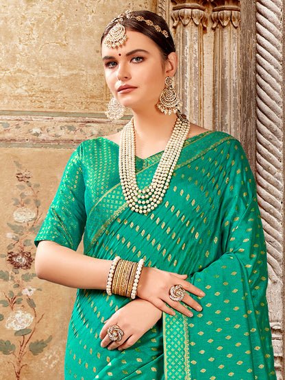 Women's Vichitra Silk Sea Green Embellished Designer Saree With Blouse Piece