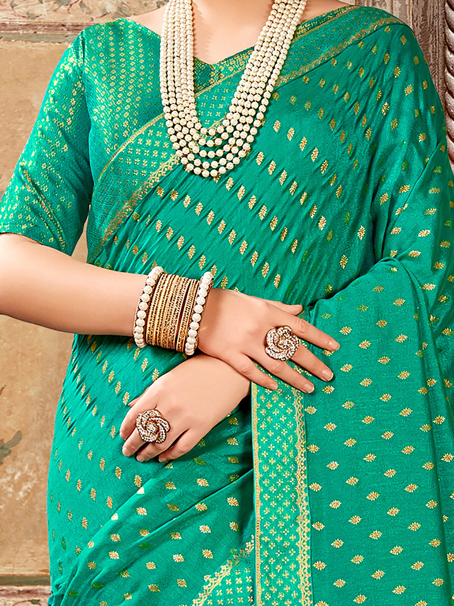 Women's Vichitra Silk Sea Green Embellished Designer Saree With Blouse Piece