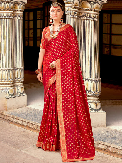 Women's Vichitra Silk Red Embellished Designer Saree With Blouse Piece