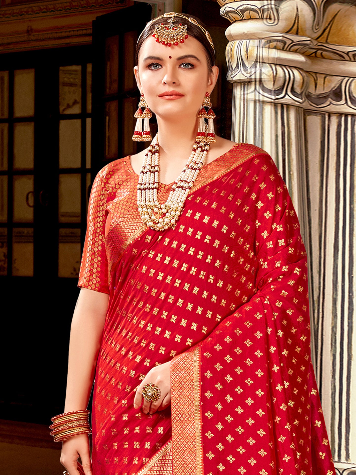 Women's Vichitra Silk Red Embellished Designer Saree With Blouse Piece