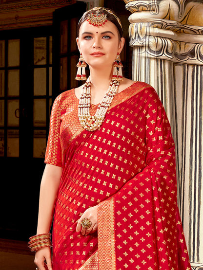 Women's Vichitra Silk Red Embellished Designer Saree With Blouse Piece